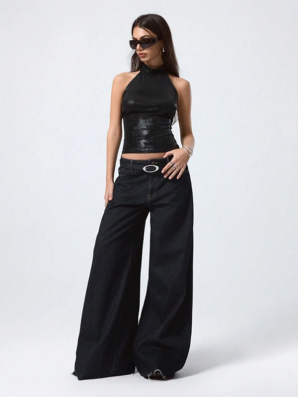 Metal Texture Solid Color Halter Neck Cami Top