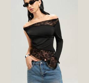 Lace Panel T-Shirt with Asymmetric Hem