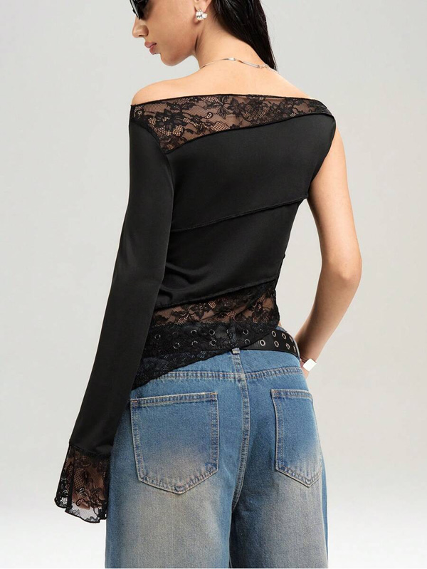 Lace Panel T-Shirt with Asymmetric Hem