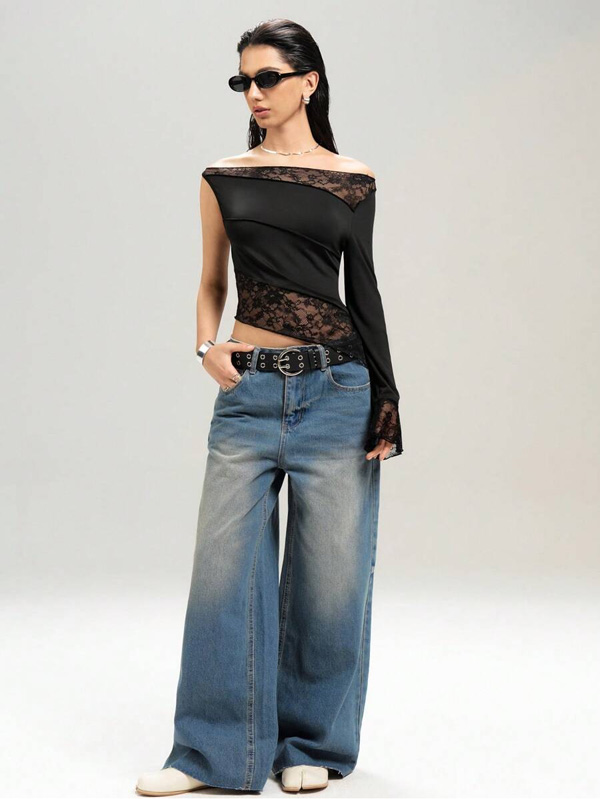 Lace Panel T-Shirt with Asymmetric Hem