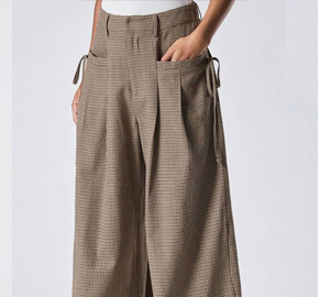 Women's Plaid Side Tie Wide Leg Pants with Pockets