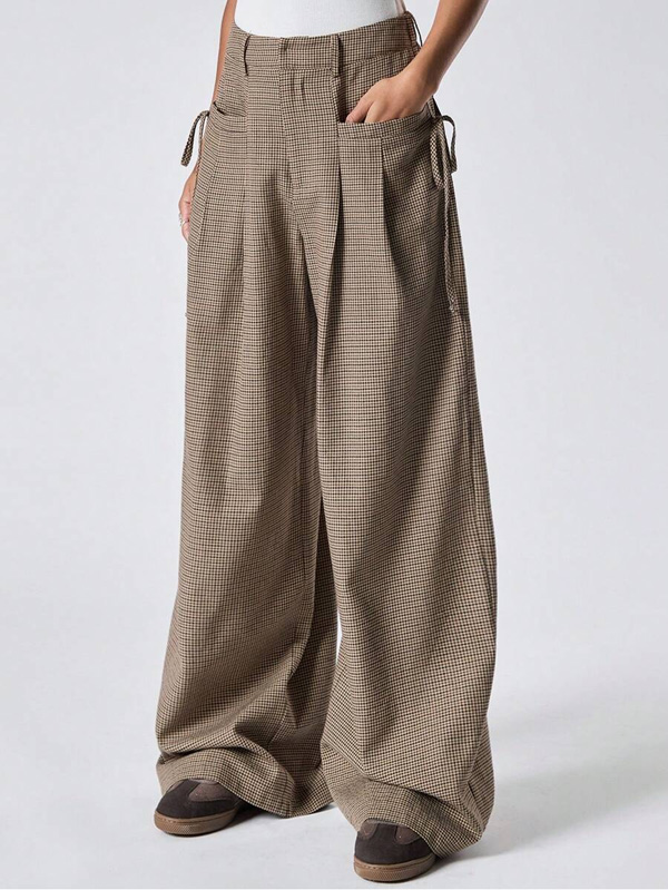Women's Plaid Side Tie Wide Leg Pants with Pockets
