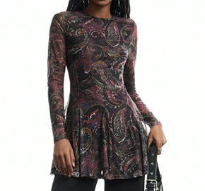 Women's Round Neck Long Sleeve Printed Mesh Mini Dress
