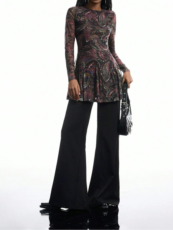 Women's Round Neck Long Sleeve Printed Mesh Mini Dress