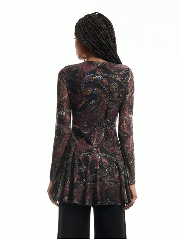 Women's Round Neck Long Sleeve Printed Mesh Mini Dress