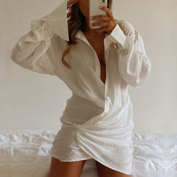 White Women T-shirt Dress with Linen