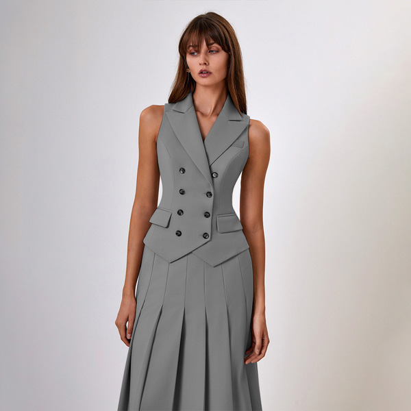 Blazer Sleeveless Top and Skirt Three Piece Set in Blue Gray