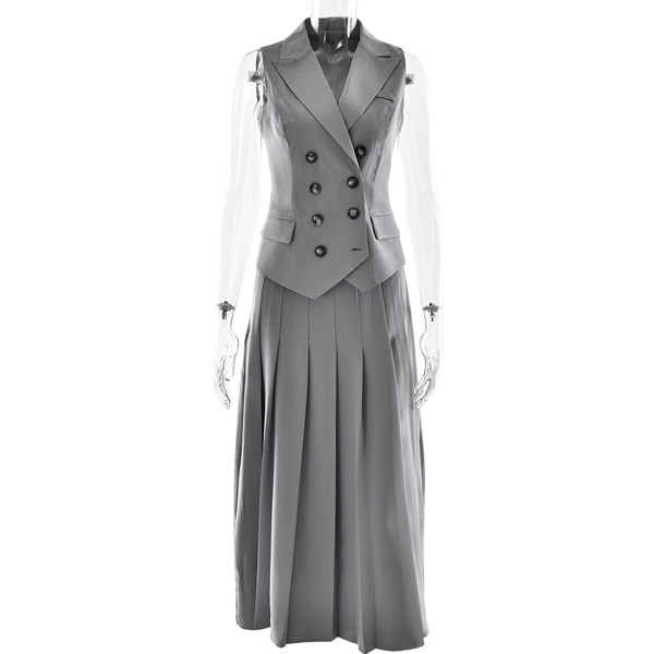Blazer Sleeveless Top and Skirt Three Piece Set in Blue Gray