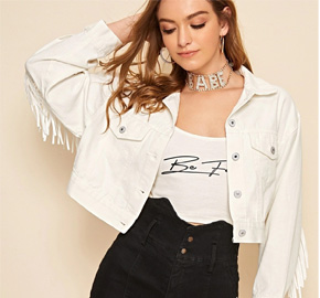 Women's Fringed Denim White Jacket