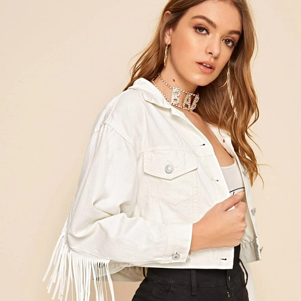 Women's Fringed Denim White Jacket