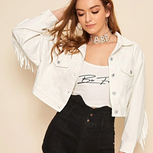 Women's Fringed Denim White Jacket