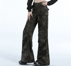 Retro Camouflage Loose High Waist Flared Casual Trousers
