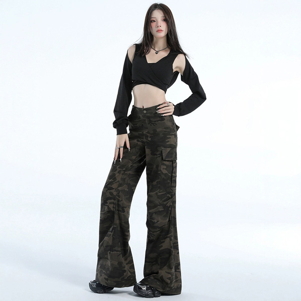 Retro Camouflage Loose High Waist Flared Casual Trousers