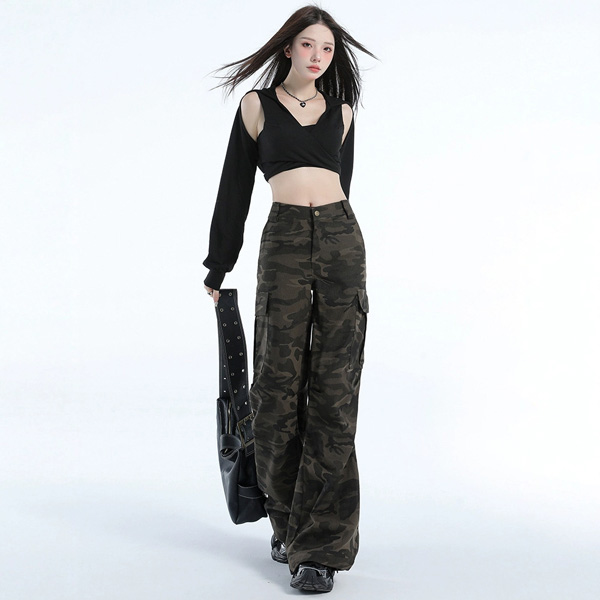 Retro Camouflage Loose High Waist Flared Casual Trousers