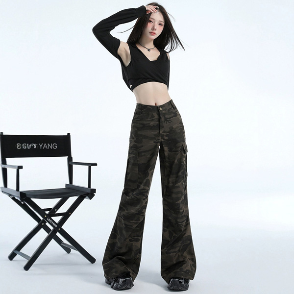 Retro Camouflage Loose High Waist Flared Casual Trousers