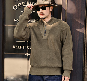 Henley Collar Sweater Solid Color Knit Tee Sweatshirt