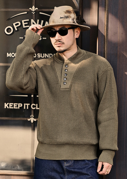 Henley Collar Sweater Solid Color Knit Tee Sweatshirt