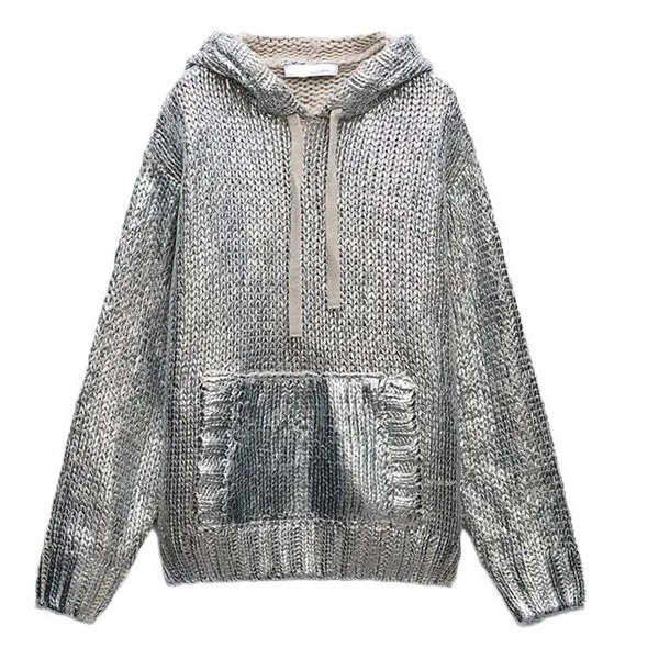Metallic Chip Crew Neck Hooded Knit Pullover Jacket Sweatshirt