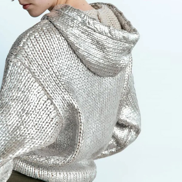 Metallic Chip Crew Neck Hooded Knit Pullover Jacket Sweatshirt
