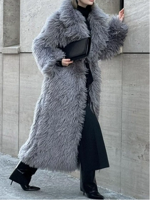 Gray Lapel LengthenedThickened Fur Coat