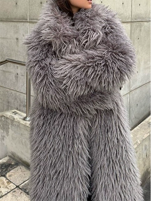 Gray Lapel LengthenedThickened Fur Coat