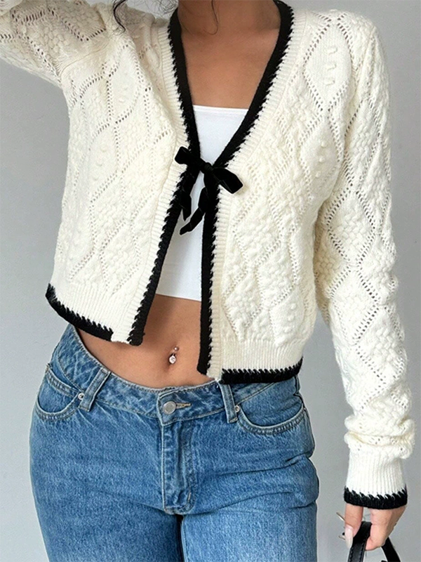 V-Neck Bow White Knit Jacket