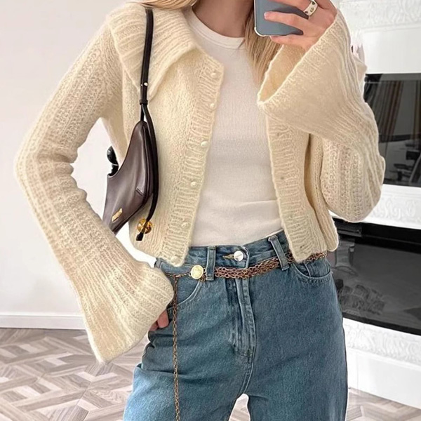 Short Lapel Flared Sleeve Knit Cardigan Sweater for Women