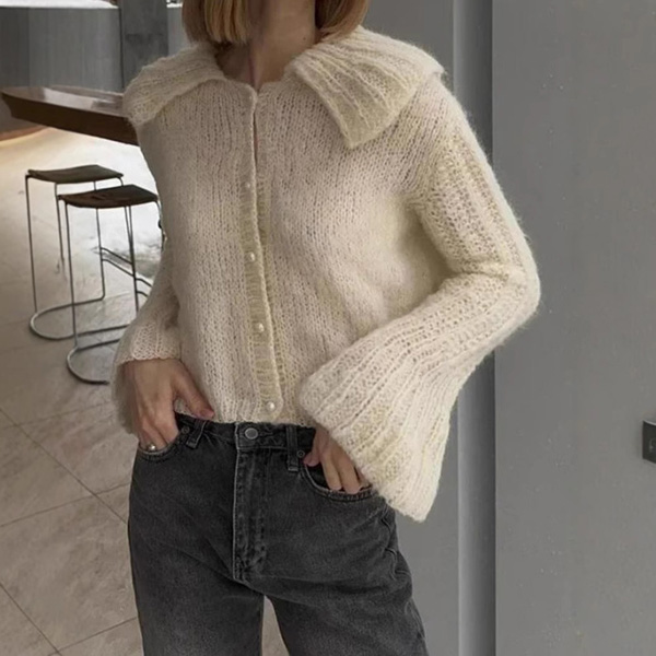 Short Lapel Flared Sleeve Knit Cardigan Sweater for Women