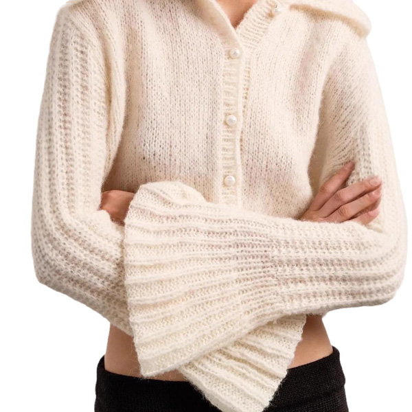 Short Lapel Flared Sleeve Knit Cardigan Sweater for Women