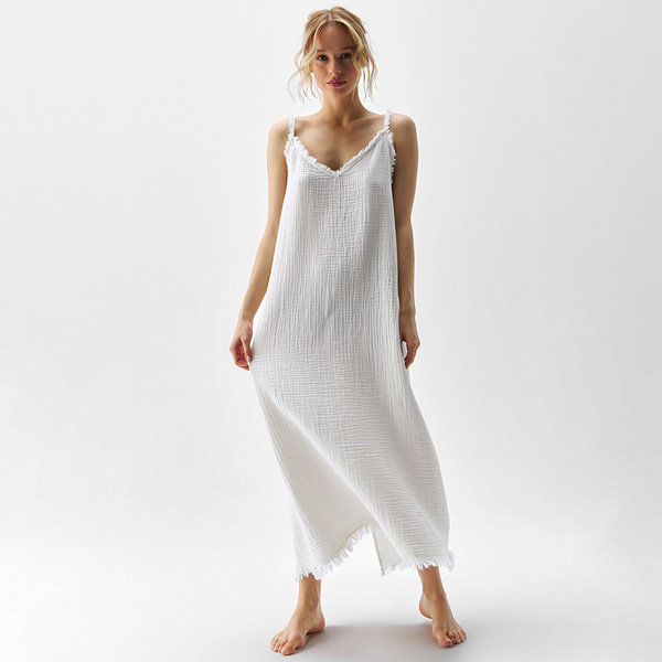 Double Crepe Cotton White Split Nightgown