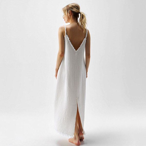 Double Crepe Cotton White Split Nightgown