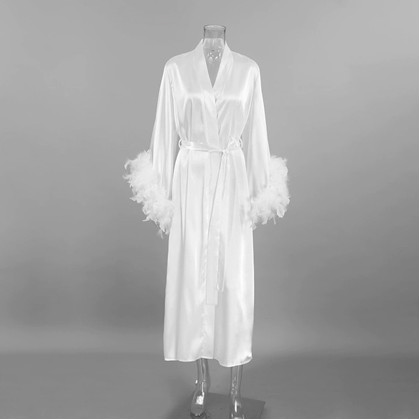 Simulated Silk Double Layer Feather Long Sleeve Nightgown Long