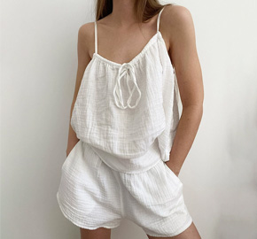 Neck Tank Pajamas Sleeveless Double Layered Yarn Shorts Pajama Set