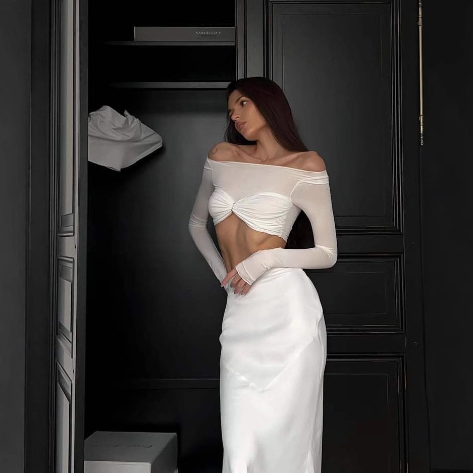 Satin Long Sleeve Waistless Top Tight Wrap Hip Half Body Skirt Two Piece Set