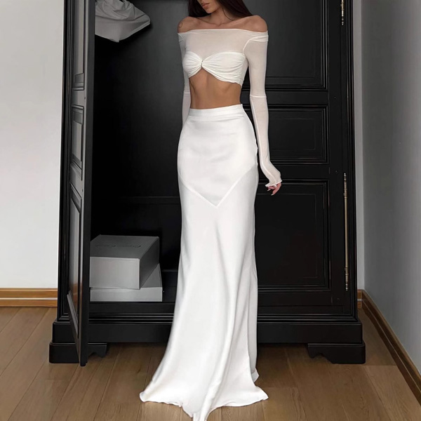 Satin Long Sleeve Waistless Top Tight Wrap Hip Half Body Skirt Two Piece Set