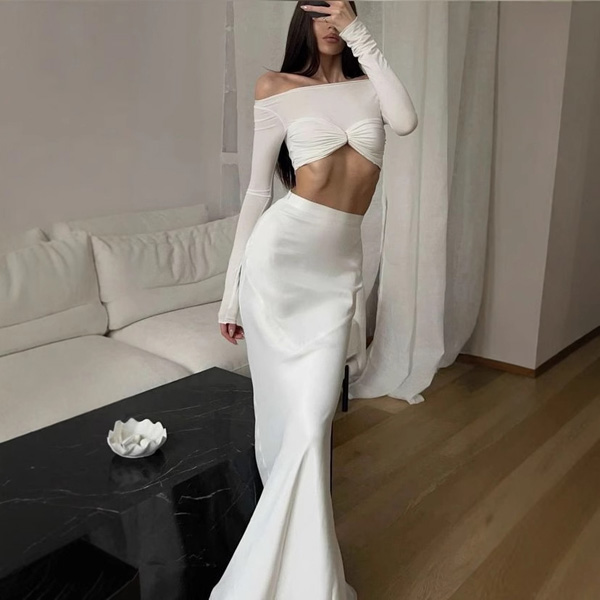 Satin Long Sleeve Waistless Top Tight Wrap Hip Half Body Skirt Two Piece Set