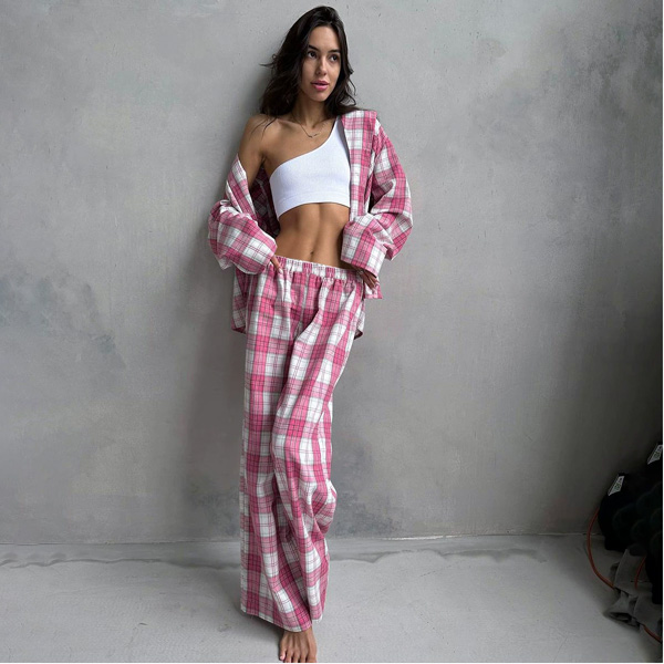 Plaid Loose Long Sleeve Long Pants Fashion Casual Pajamas Homewear