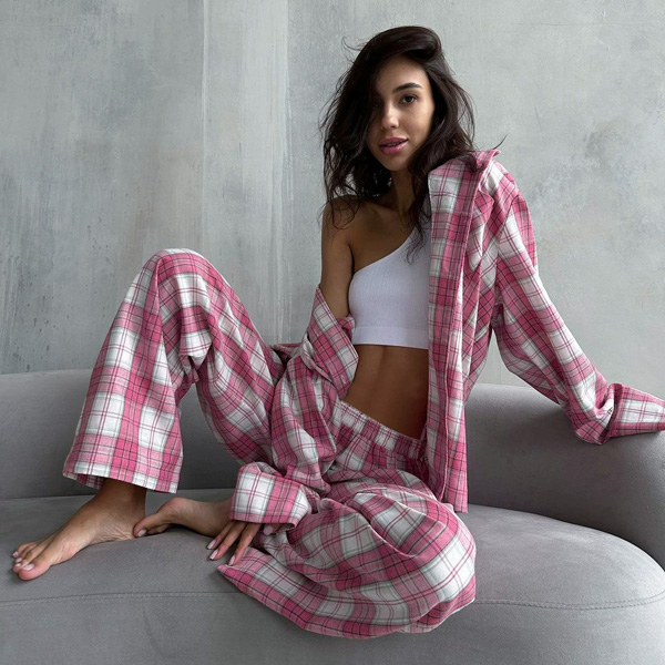 Plaid Loose Long Sleeve Long Pants Fashion Casual Pajamas Homewear
