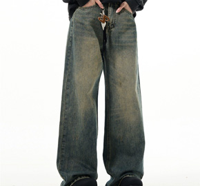 Vintage Washed Straight Wide Leg Relaxed Jeans