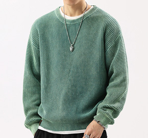 Crew Neck Sweater Chunky Knit Washed Waffle Knit Sweater