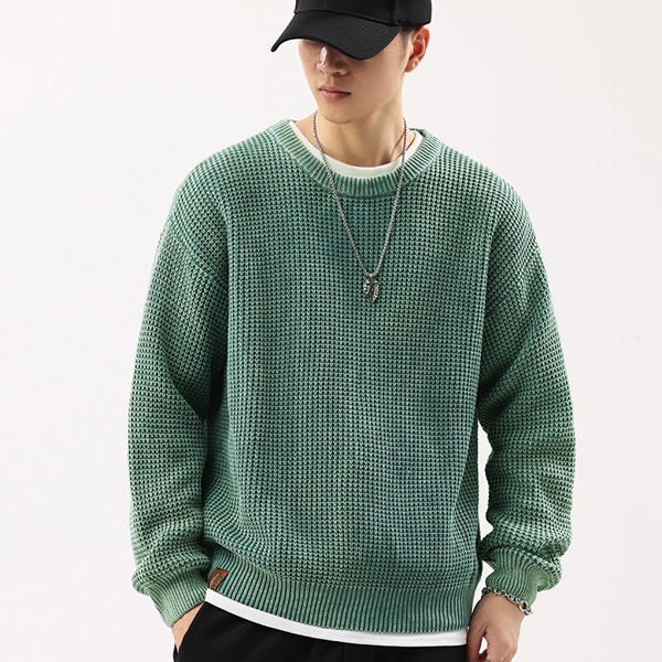 Crew Neck Sweater Chunky Knit Washed Waffle Knit Sweater