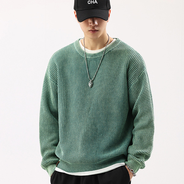 Crew Neck Sweater Chunky Knit Washed Waffle Knit Sweater