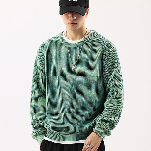 Crew Neck Sweater Chunky Knit Washed Waffle Knit Sweater