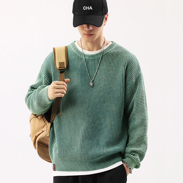 Crew Neck Sweater Chunky Knit Washed Waffle Knit Sweater