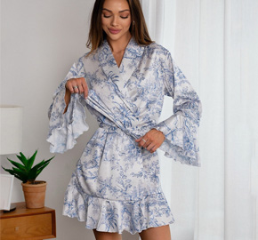Long Sleeve Ruffle Robe Printed Ladies Homewear