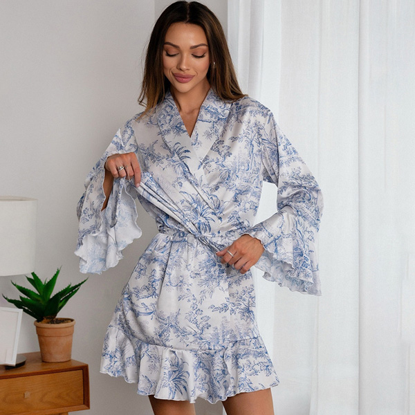 Long Sleeve Ruffle Robe Printed Ladies Homewear