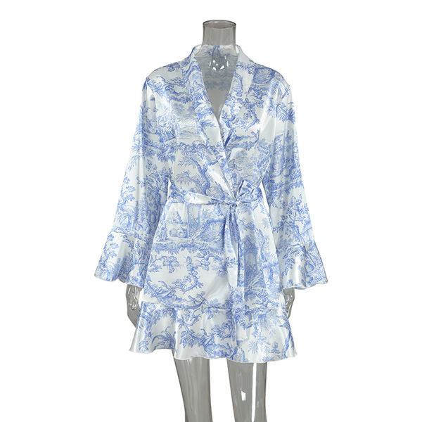 Long Sleeve Ruffle Robe Printed Ladies Homewear