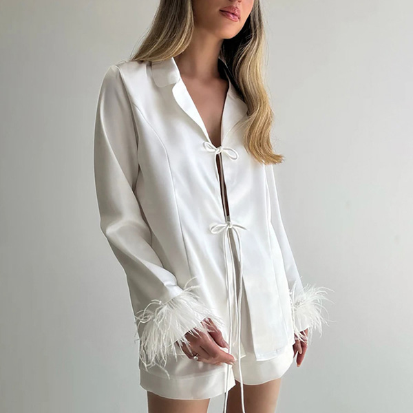 Satin Long Sleeve Shorts Casual Cardigan Feather Sleeve Pajamas