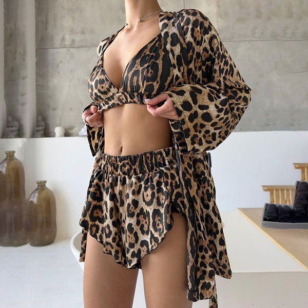 Model Leopard Print Loose Long-sleeved Underwear Shorts Pajamas Three-piece Set