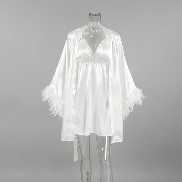 Two Piece Satin Patchwork Feather Sleeve Nightgown Robe